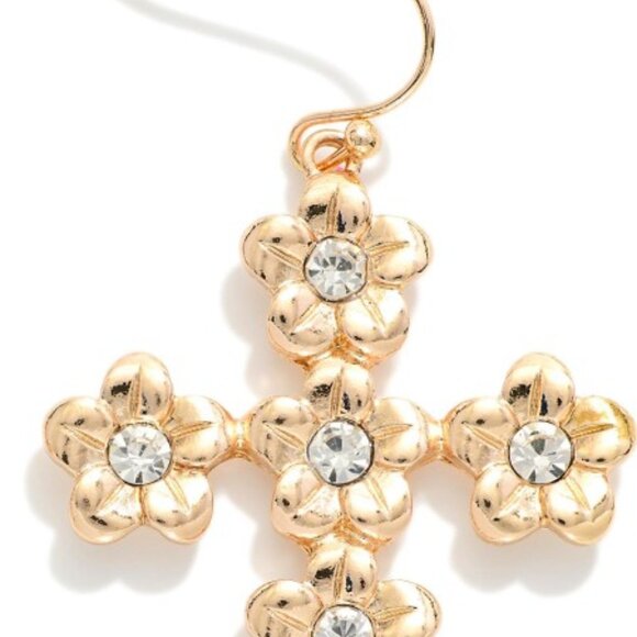 ❤️NWT  BOUTIQUE  Metal Tone Flower Cross Drop Earrings  Rhinestone Detail - Picture 2 of 2